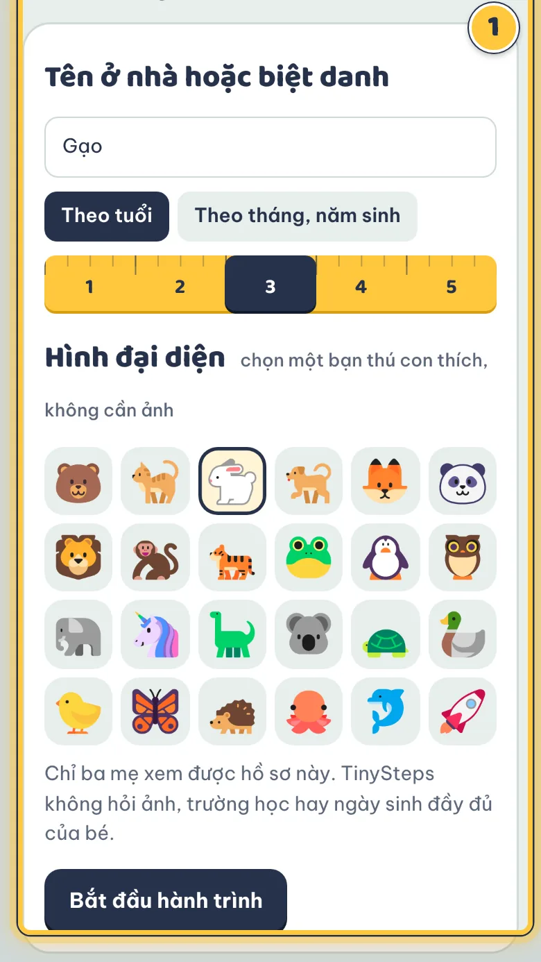 Mẫu tạo hồ sơ bé với tên Gạo, 3 tuổi và hình chú thỏ