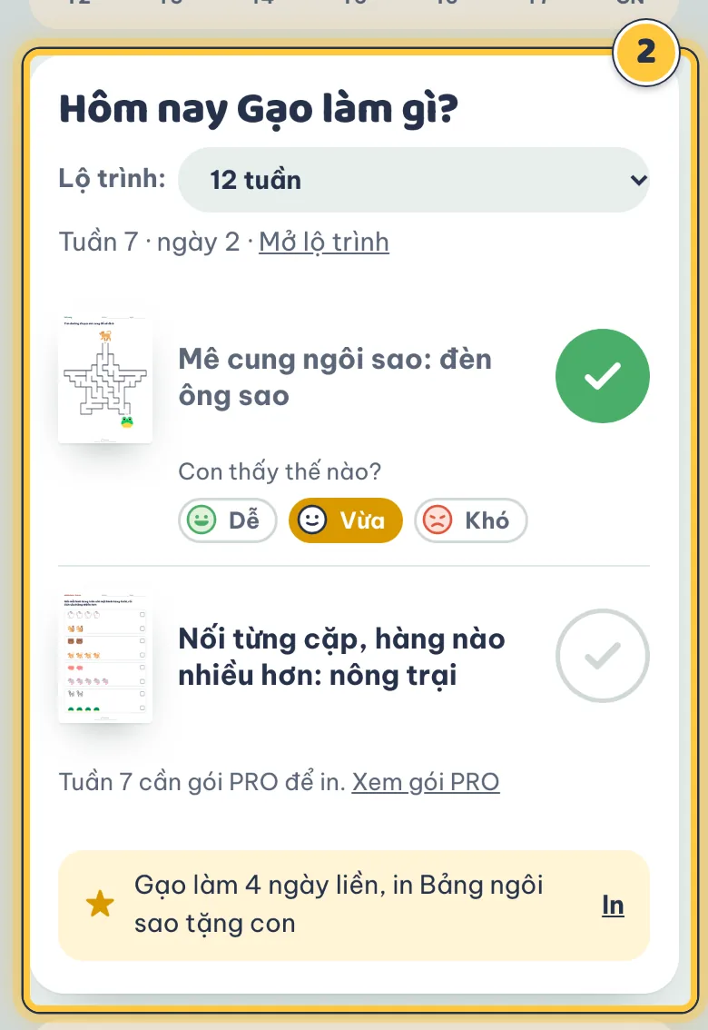 Tab Hôm nay với hai phiếu, một phiếu đã đánh dấu xong và nút Dễ, Vừa, Khó