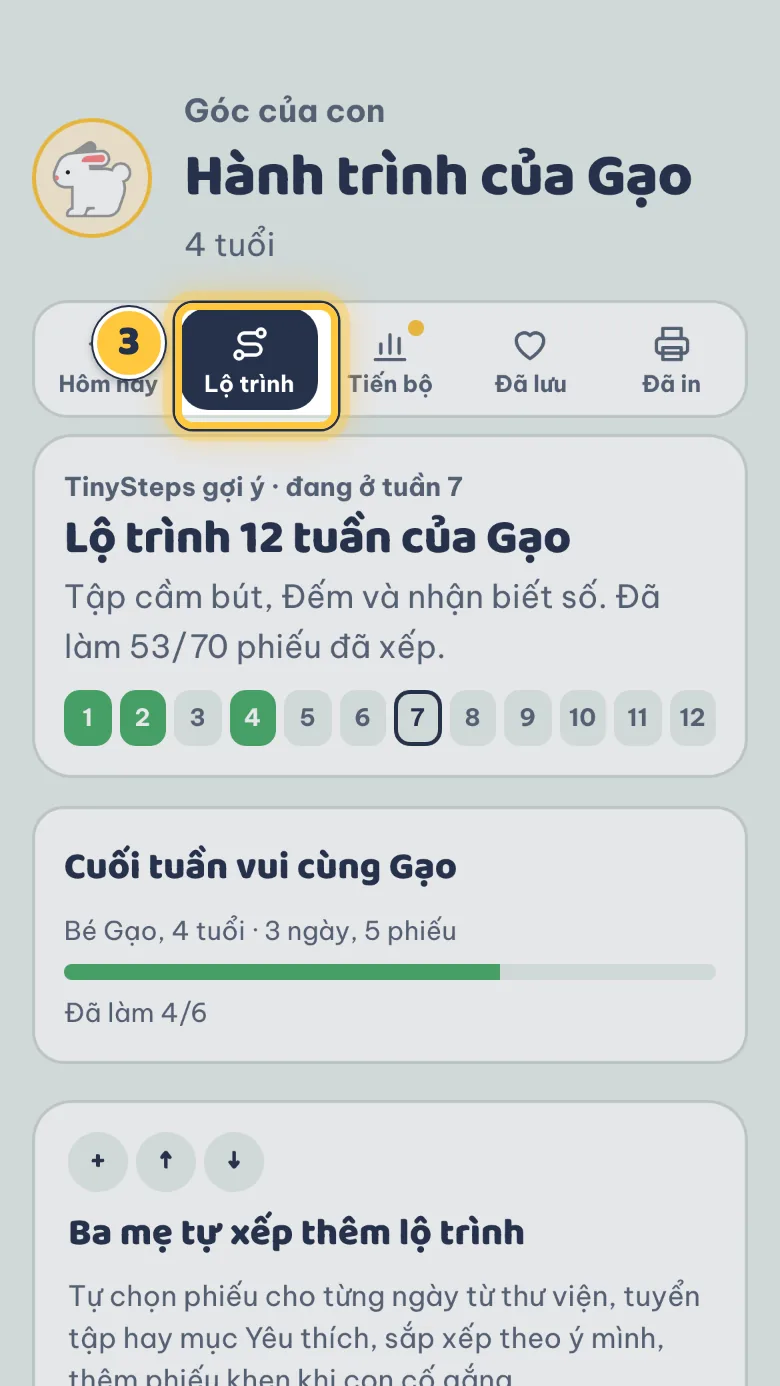 Tab Lộ trình với lộ trình 12 tuần, các tuần đã xong tô màu xanh