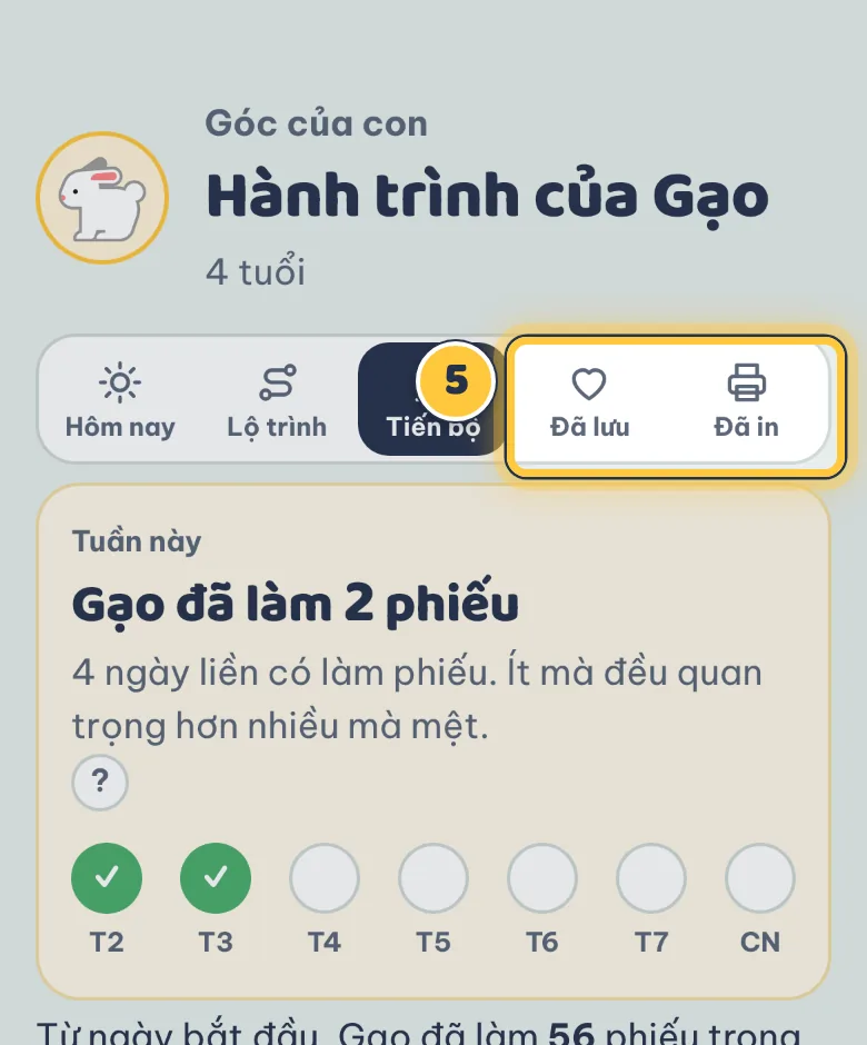 Hai tab Đã lưu và Đã in trong Góc của con