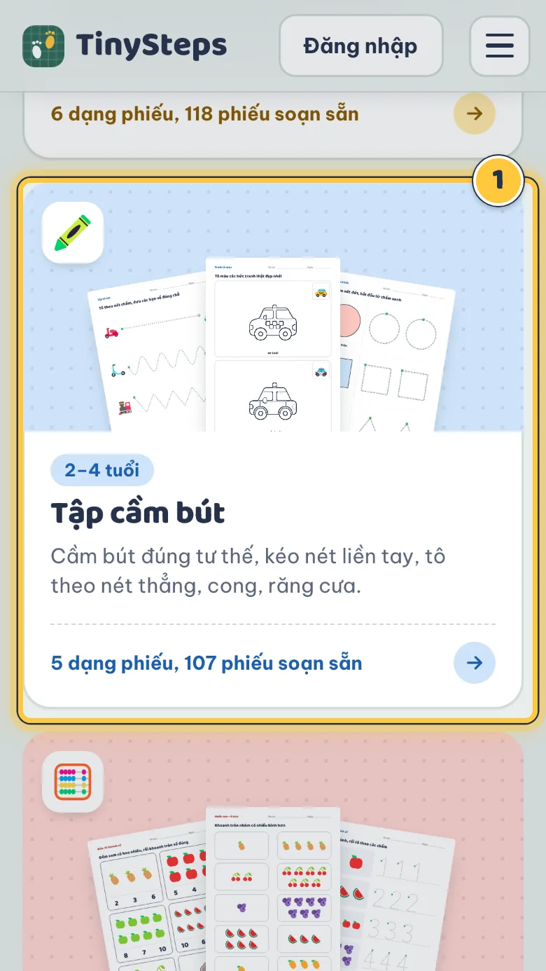 Các thẻ mục tiêu học trên trang chủ, thẻ Tập cầm bút được đánh dấu