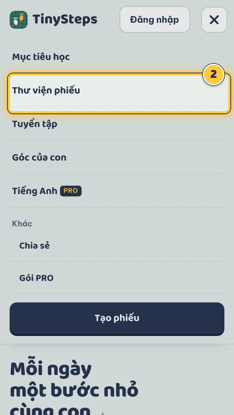 Menu trên điện thoại với mục Thư viện phiếu được đánh dấu