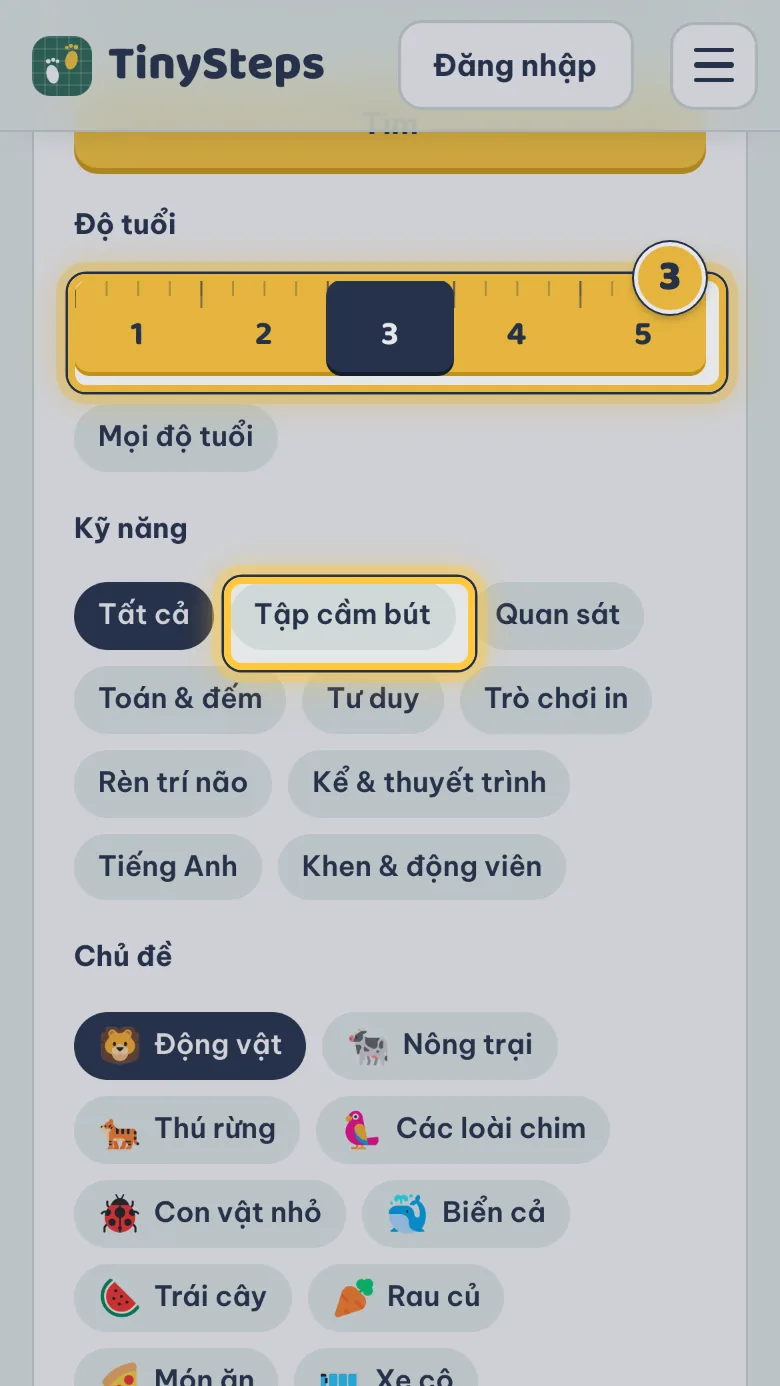 Bộ lọc của Thư viện phiếu với thước tuổi và các kỹ năng