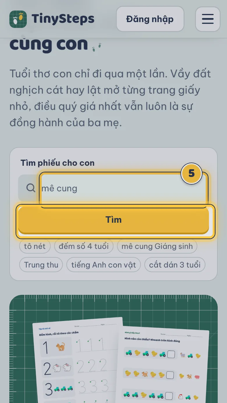 Ô tìm phiếu trên trang chủ với chữ mê cung và nút Tìm