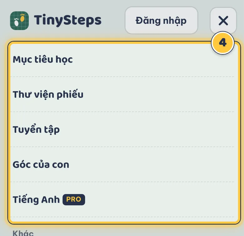 Nút menu ở góc trên bên phải và danh sách mục trong menu