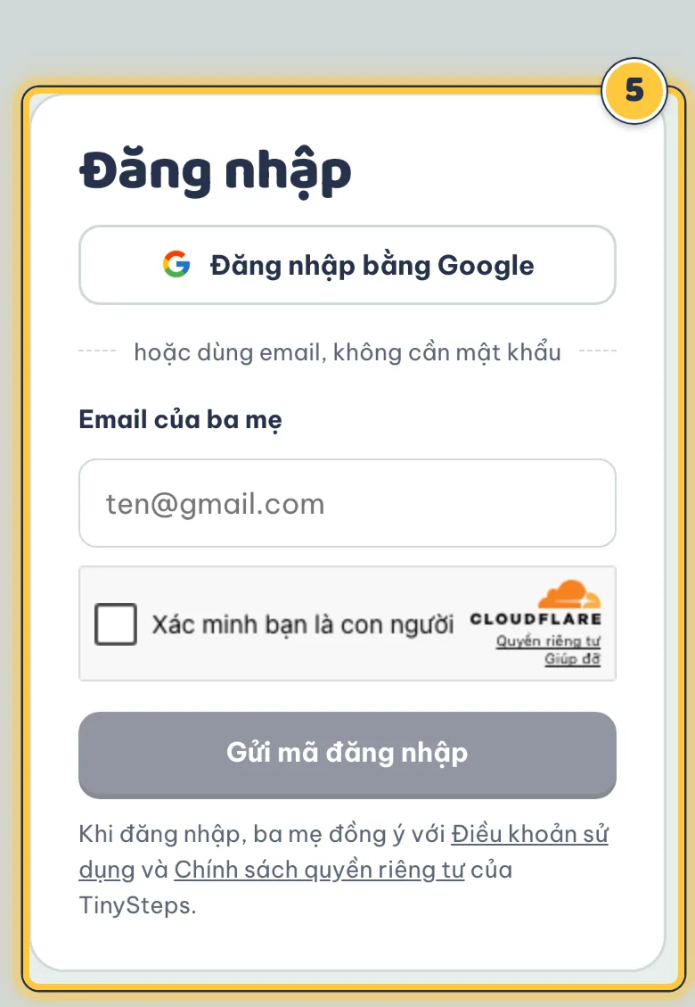 Nút Đăng nhập trên đầu trang và trang đăng nhập với Google hoặc email