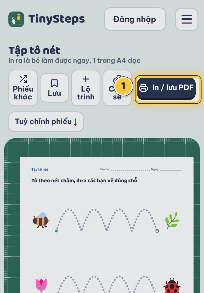 Nút In / lưu PDF trên trang Tạo phiếu
