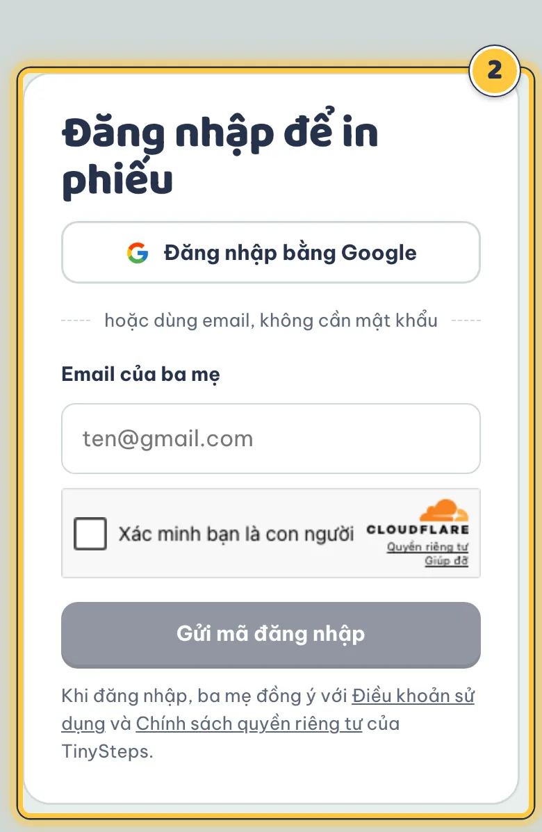 Trang Đăng nhập để in phiếu với nút Google và ô email