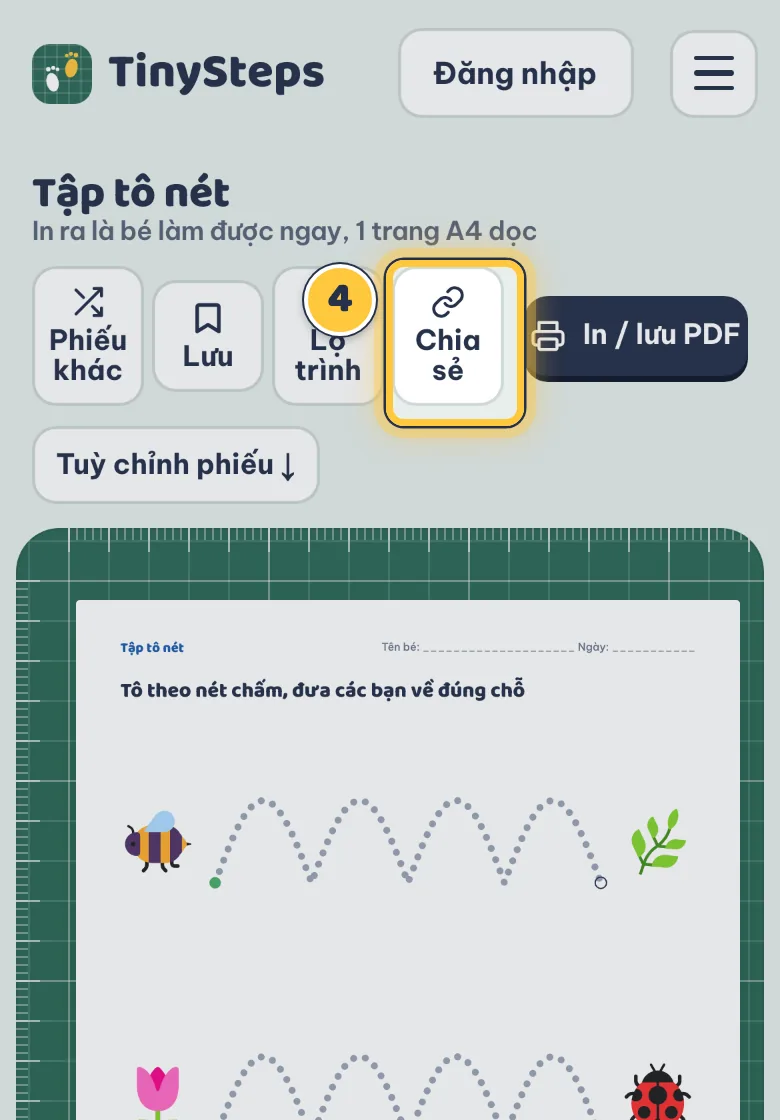 Nút Chia sẻ để sao chép link phiếu