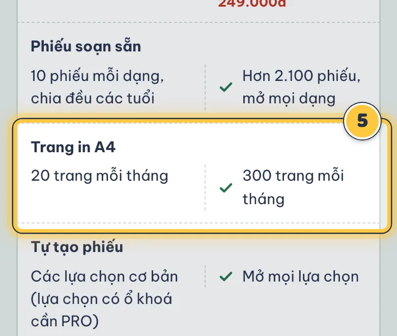 Bảng so sánh gói Free và PRO, dòng Trang in A4