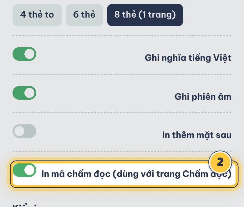 Công tắc In mã chấm đọc đang bật trong phần tuỳ chỉnh phiếu