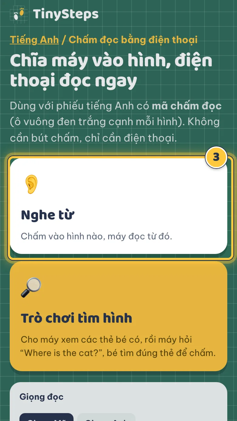 Trang Chấm đọc với hai chế độ Nghe từ và Trò chơi tìm hình