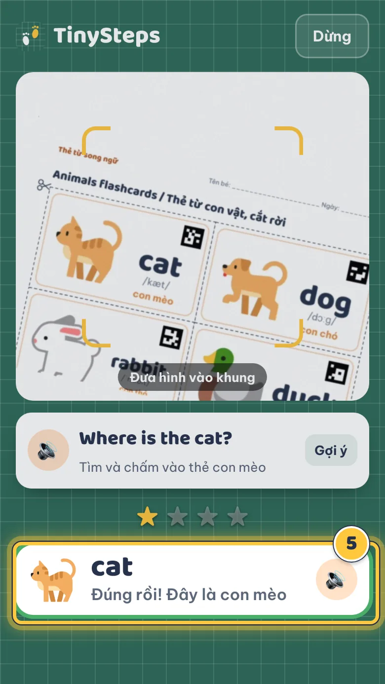 Trò chơi tìm hình hỏi Where is the… và báo đúng khi bé chấm đúng thẻ